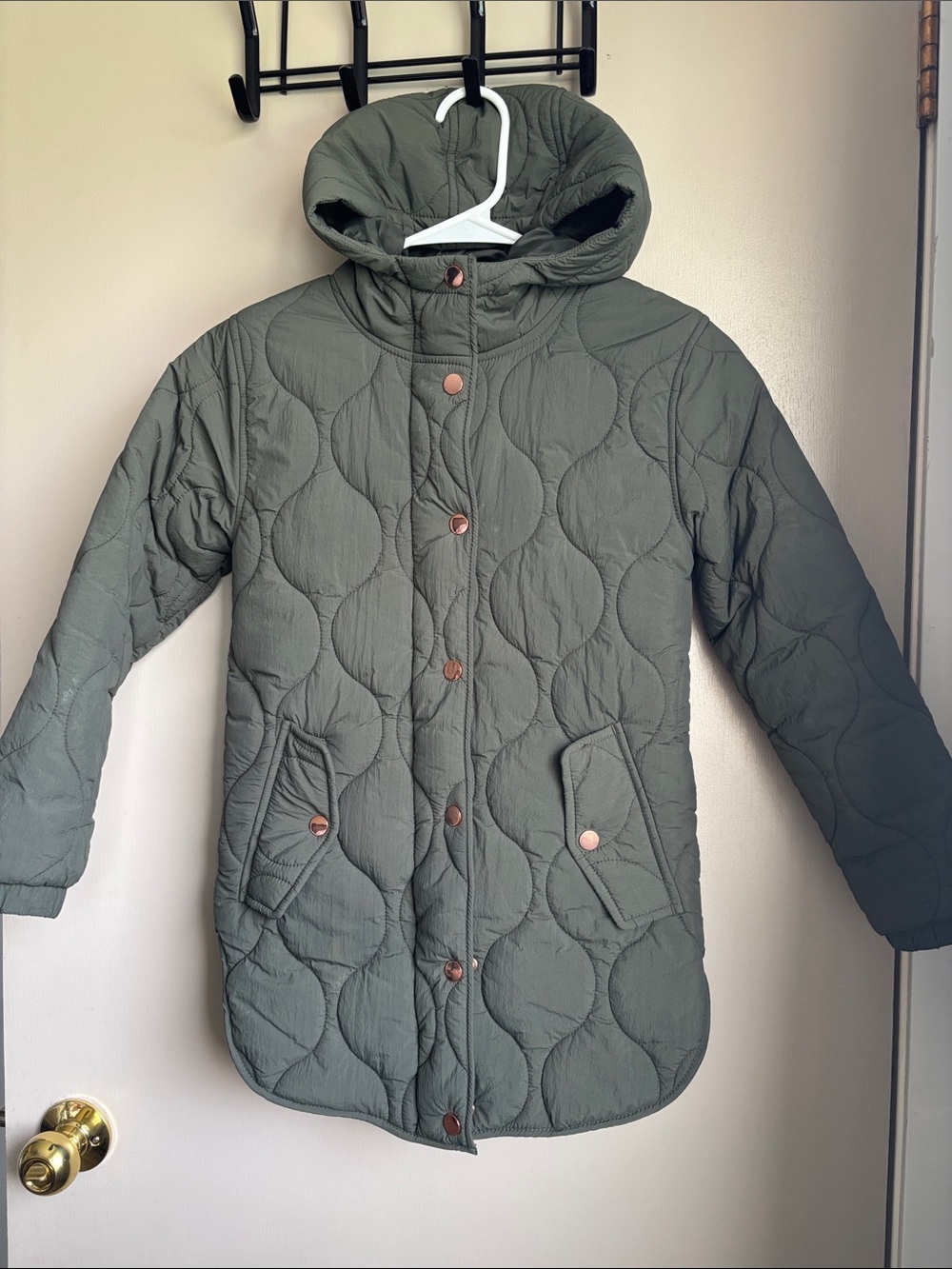 George Quilted Hooded Puffer Coat in Olive